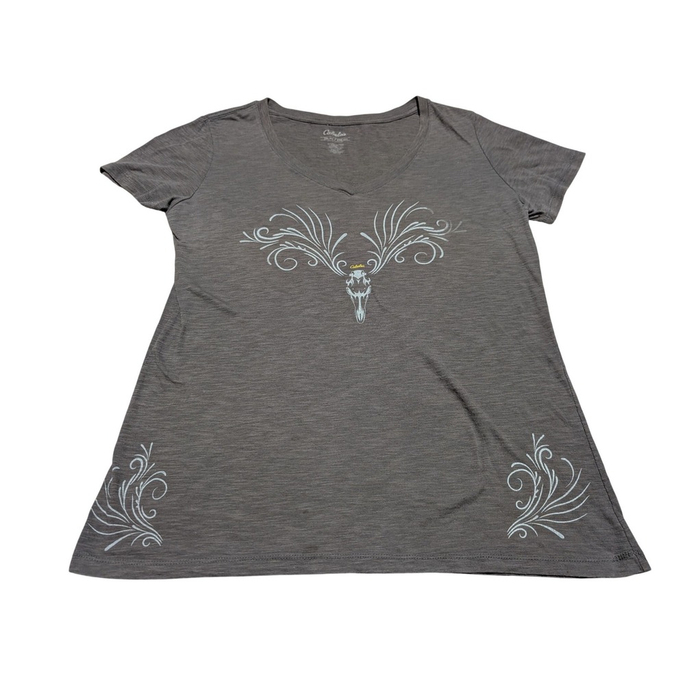 Cabelas T Shirt Womens 2XL Gray Deer Skull Antler Graphic V-Neck Slub Knit Tee